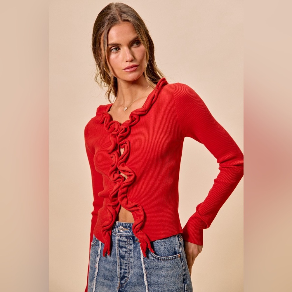 SO ME Cascade Ruffle Ribbed Sweater Cardgian - Picture 4 of 6